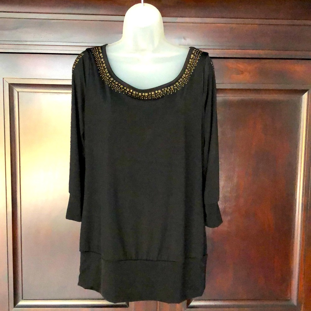 Black Cache Beaded Split Sleeve Top